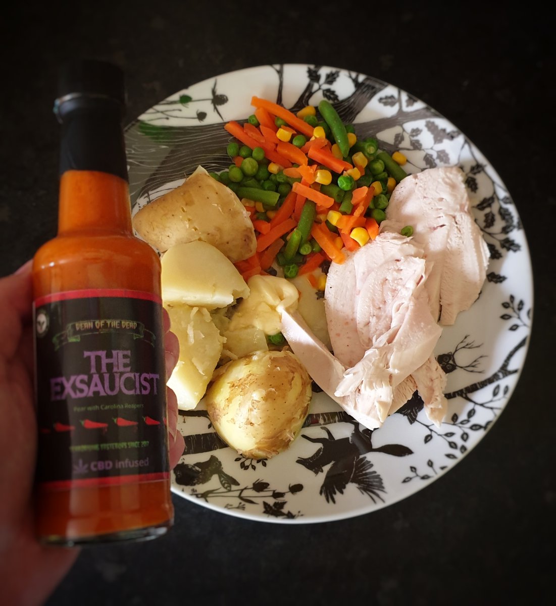 Cracked open a new bottle of Exsaucist from our Decade of Decadence show sponsor <a href="/dean_ofthe_dead/">Dean of the Dead</a>

This chicken is about to get hot 🐔🔥🌶️

Have a look at Dean's website and follow his social media outlets to not miss out on anything: deanofthedead.com