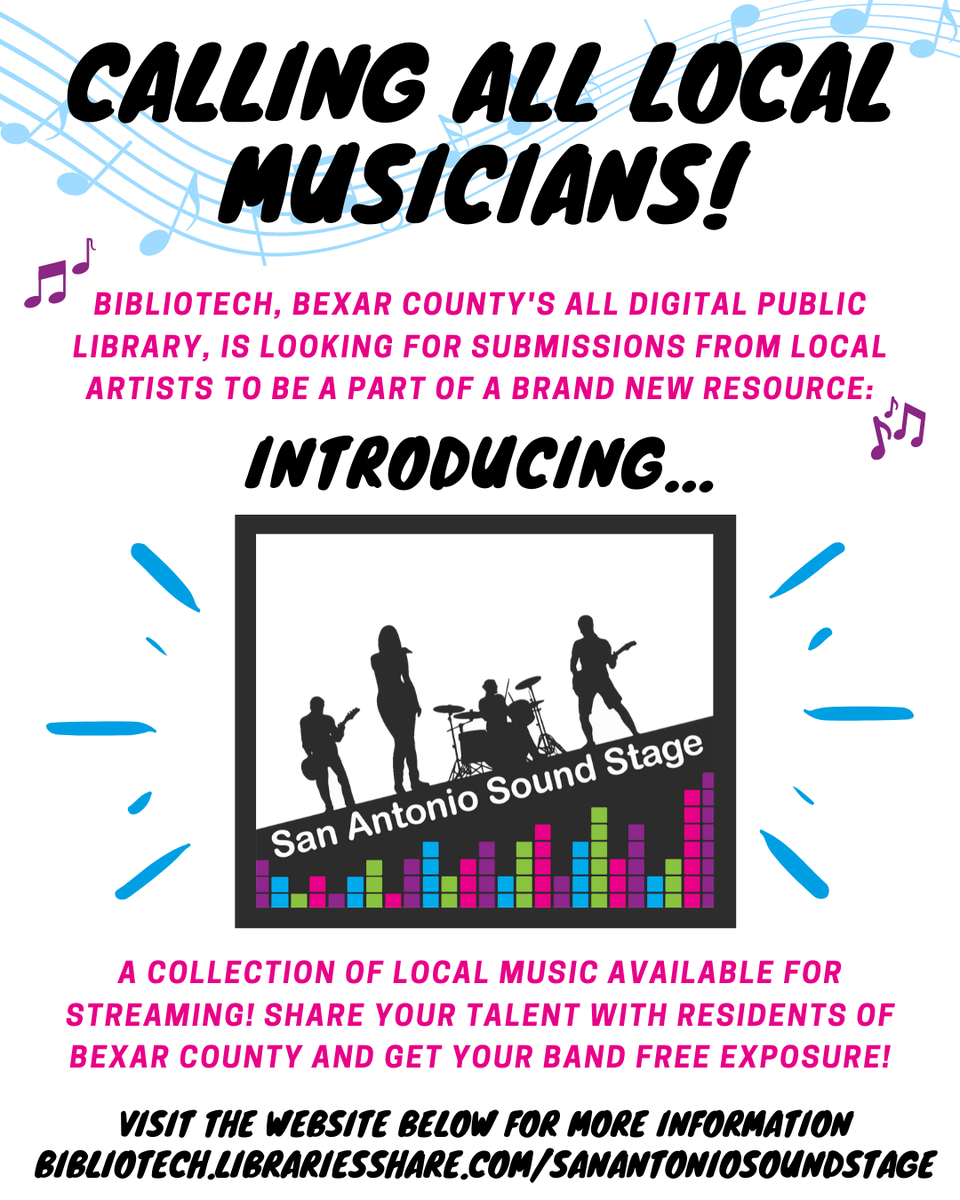 BexarBibliotech's tweet photo. Calling all local musicians! 🗣 BiblioTech presents... San Antonio Sound Stage! Visit https://t.co/5DbKqUXRXH for details and information on how to submit your content! 🎶 #sanantoniomusic #sanantoniomusicscene #localartist #sanantoniomusicians https://t.co/iUc7gYnw4X
