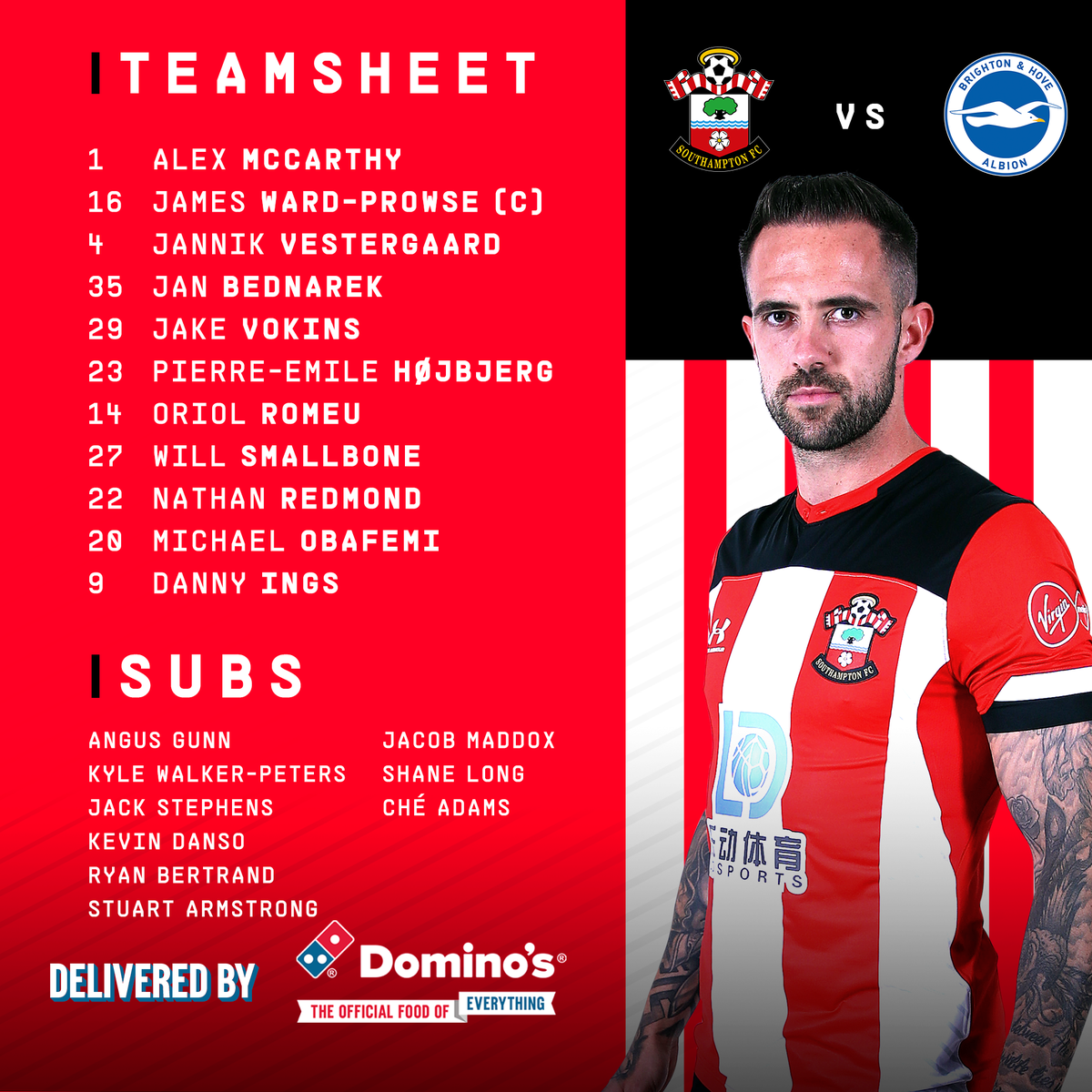 SouthamptonFC's tweet photo. 🔴 T E A M S H E E T ⚪️

How #SaintsFC will line-up against #BHAFC tonight: https://t.co/sUbuWmNtyF