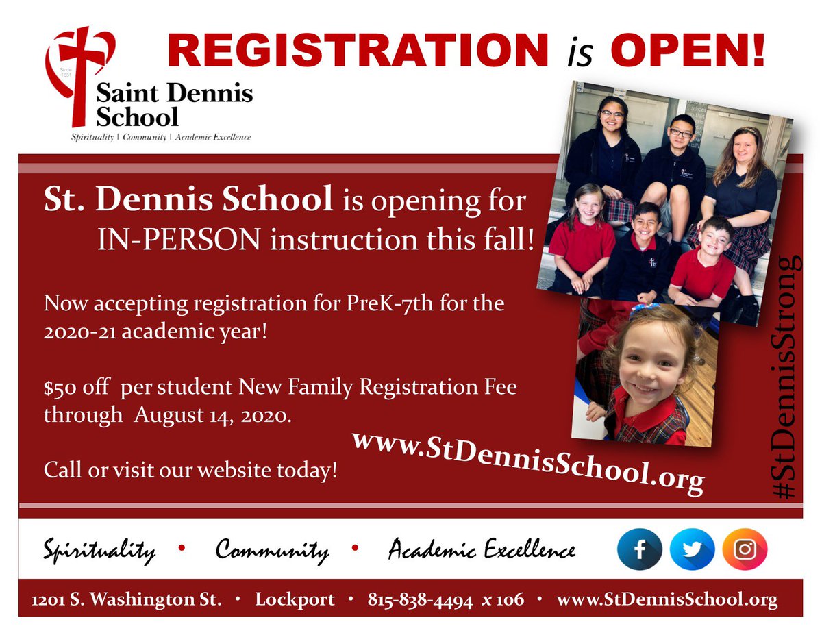 stdennisschool1's tweet photo. St. Dennis School (PreK-8)is to open next month for full In-Person Instruction, including Full Day Kindergarten! Extended care options are available. St. Dennis School was voted the 2020 best K-8 Private School in the Southwest Suburbs! Visit our website! https://t.co/YdNiAezEDO https://t.co/JmlUqVpzmz
