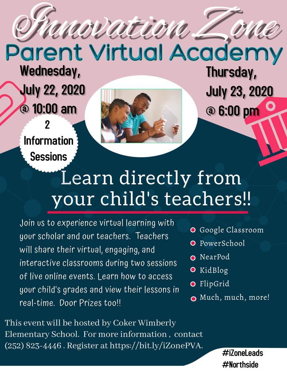 CokerWimberly's tweet photo. Dolphin family, please join us next Wednesday and Thursday, July 22nd and 23rd for the Innovation Zone Parent Virtual Academy.   Please register using this link.  https://t.co/ru4oqJiaXZ  #iZoneLeads #Northside #DolphinsRISE #WatchUsRise @MHunter1964 https://t.co/TRR0bCwHte