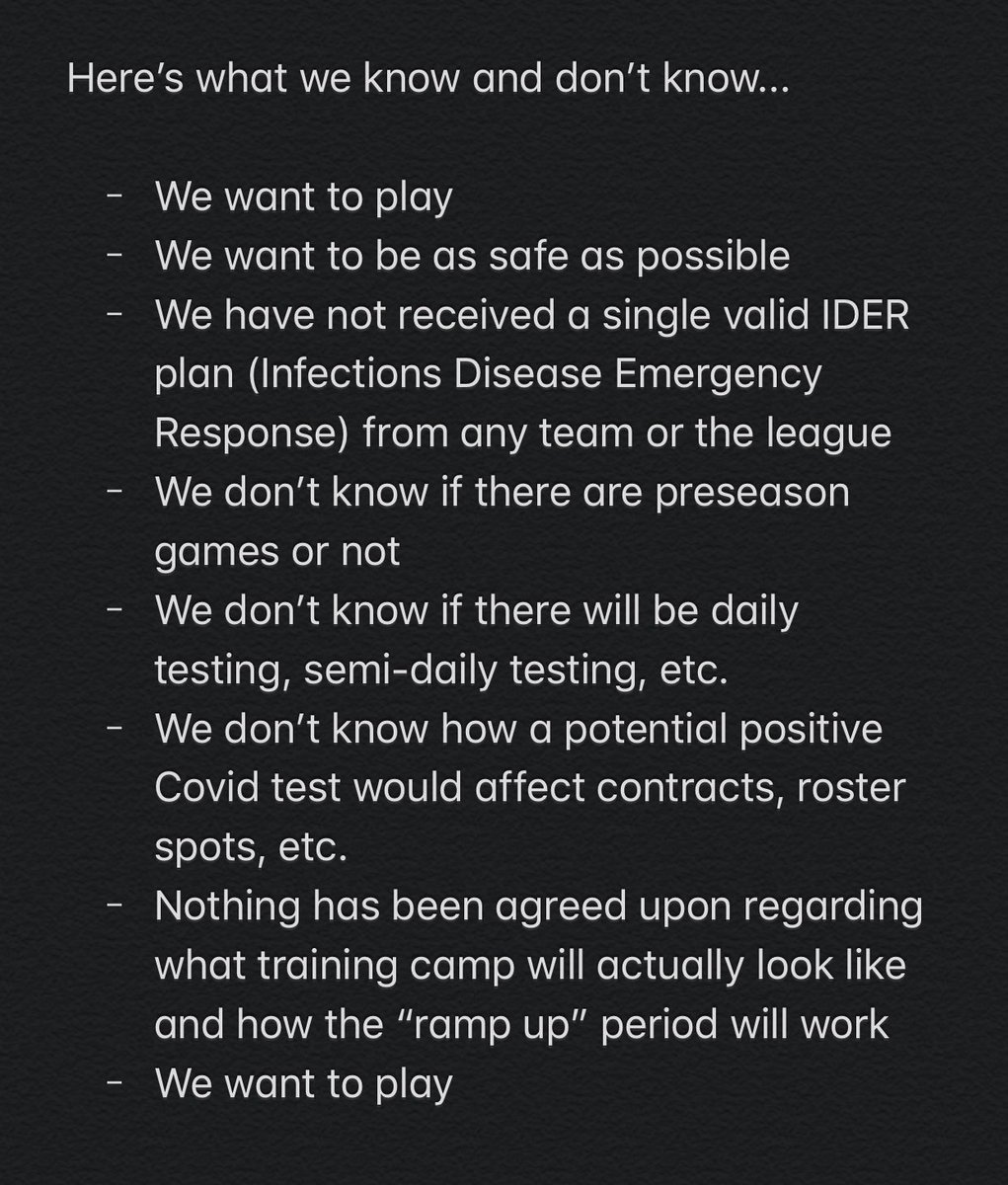 In the interest of having everyone on the same page in terms of what we know and don’t know at this time, here are a few things I’ve learned being on four NFLPA calls in the last two weeks with hundreds of other players. Keep in mind our rookies are scheduled to report in 48 hrs