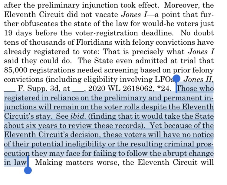 This is so chilling. Per Sotomayor, neither the 11th Circuit nor the Supreme Court are providing for any notice to tens of thousands excons who registered to vote on the basis of the stayed ruling that they might now be exposed to prosecution if they do vote w/ outstanding fees.