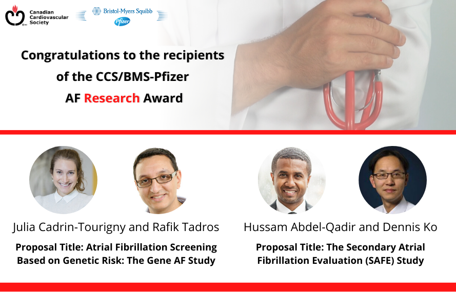 We are proud to congratulate the 2020 awardees for the CCS/BMS-Pfizer Atrial Fibrillation (AF) Research Award. <a href="/JuliaCTourigny/">Julia CadrinTourigny</a> <a href="/rafik_tadros/">Rafik Tadros</a> <a href="/husam247/">Husam Abdel-Qadir</a> <a href="/denniskomd/">Dennis Ko</a>! Congratulations!