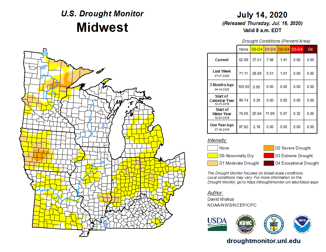 NOAANCEI's tweet photo. July 14: Abnormal dryness expanded in parts of Ohio, Michigan, Missouri, and Iowa; moderate drought developed or expanded in parts of Ohio, Indiana, Illinois, and western Iowa. https://t.co/hs7rCpQMsY #DroughtMonitor #OHwx #MIwx #MOwx #IAwx #INwx #ILwx #IAwx #INdrought #MIdrought https://t.co/h9YCFw3wEu