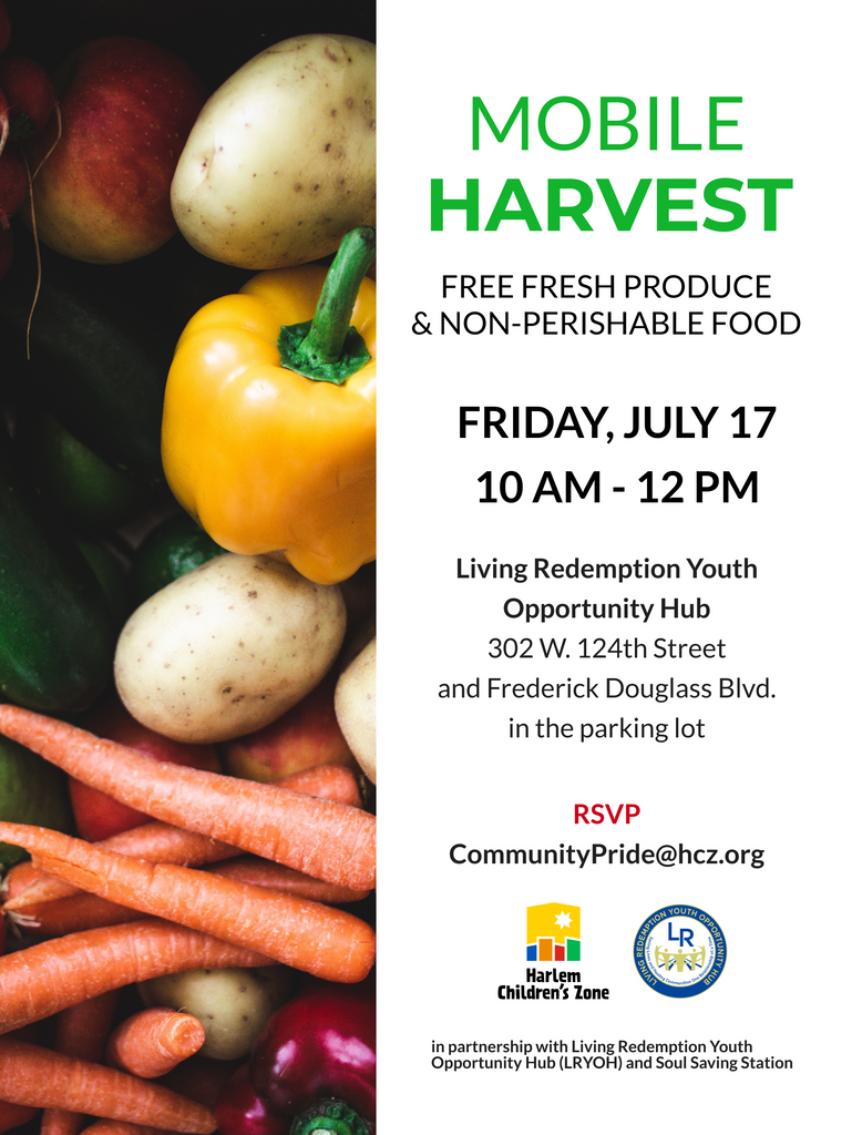 hczorg's tweet photo. Tomorrow! Check out our Mobile Harvest for free fresh, healthy produce and non-perishables. Don't forget to bring your mask! #Harlem #FoodServicesNYC #FoodAid #HarlemCommunity https://t.co/S0mzAbohJC