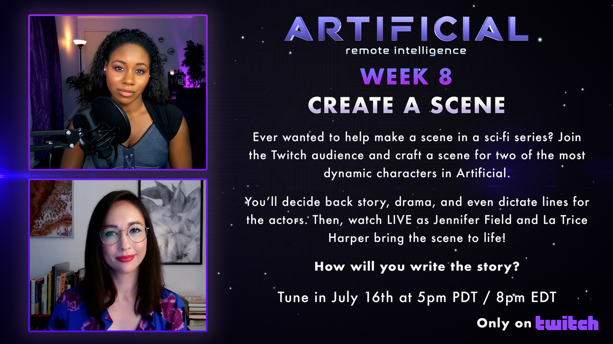 ArtificialNext's tweet photo. TONIGHT! Join @La_TriceNFobia and @JenniferField as they create a scene with YOU the @Twitch audience! #interactive #ArtificialIntelligence #NextLevel #twitch https://t.co/Xaeyt72zVb