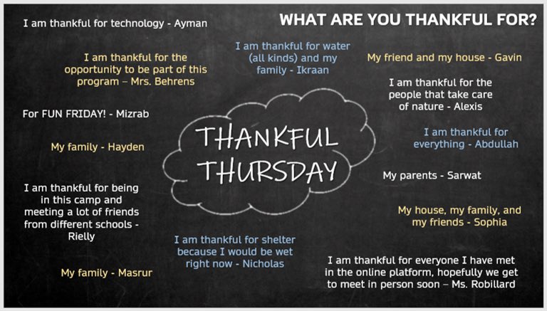 During #GECDSBSLP2020 we have always been mindful of eachother &amp; of the experiences each one of us brings to camp. Today we took a minute to appreciate what we have. I am thankful for my teaching partner <a href="/BehrensClass/">Behrens Class</a>💛What are you thankful for? <a href="/gecdsbpro/">GECDSB PR</a> <a href="/ClaraHowitt/">Dr. Clara Howitt</a> <a href="/SMayville/">Susan Mayville</a>