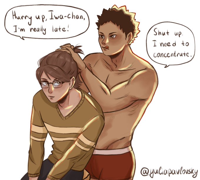DAY 1: DIFFERENT HAIR 
#OikawaWeek #OikawaWeek2020 

I love all kind of morning routine 
#iwaoi #oikawa #iwaizumi 