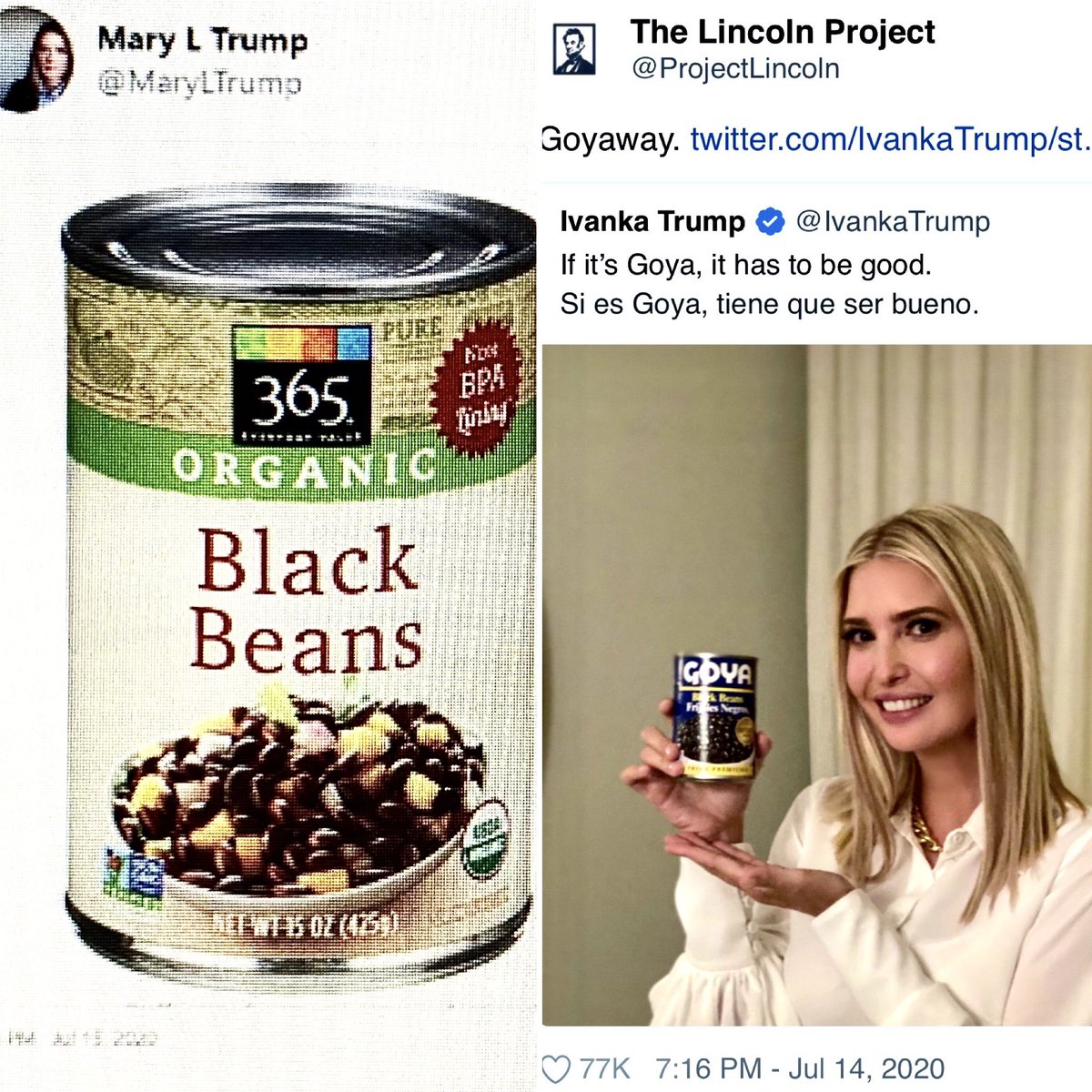jeanquan's tweet photo. Trump #BeanWars: Cousin #MaryTrump tweeted #blackbeans๐ joining #ivankamocking. She violated fed #ethicsrules to promote #Goya whose #CEO praises Trump. https://t.co/4n6ZPM6S45 #Hispanic groups cite #45โs #racist attacks, #DACA & #familyseparation in calls for #boycott #Goyaway https://t.co/hYnS8mfCZ0
