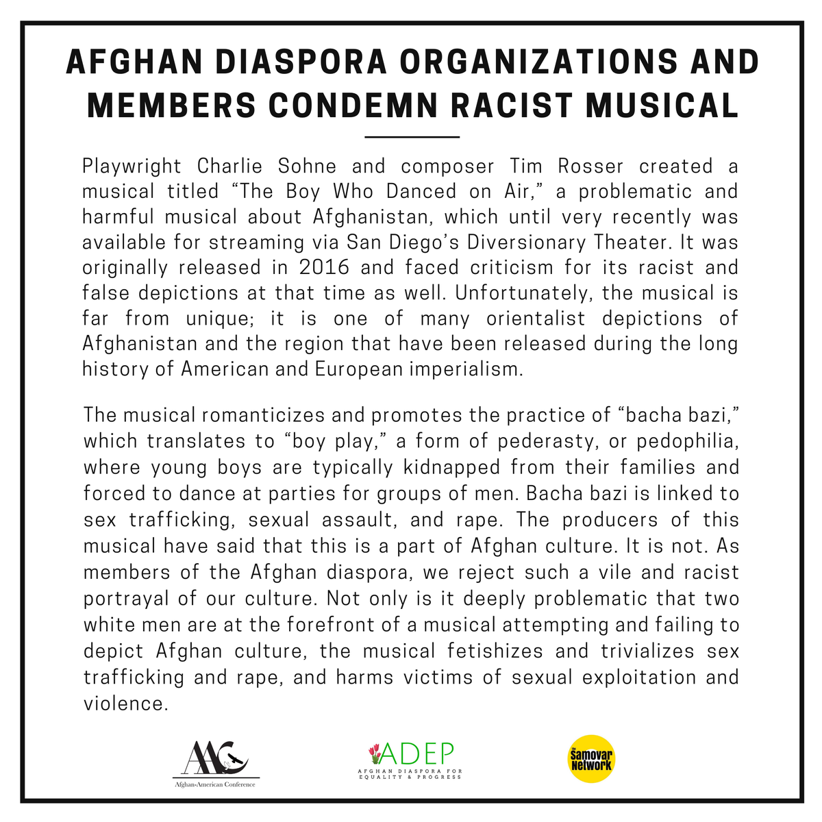 AfgDiasporaEP's tweet photo. We have come together with @SamovarNetwork and the @AfghanAmericanC to release the following statement in regards to the musical titled “The Boy Who Danced on Air.” Read our statement in full: https://t.co/zu8EGzX88a https://t.co/JE07lHOG2L