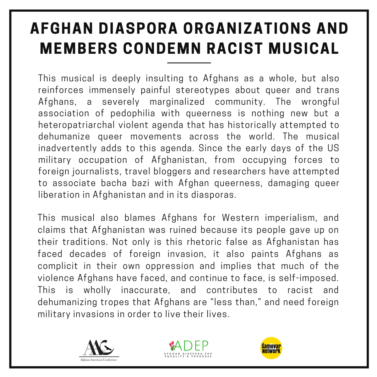 AfgDiasporaEP's tweet photo. We have come together with @SamovarNetwork and the @AfghanAmericanC to release the following statement in regards to the musical titled “The Boy Who Danced on Air.” Read our statement in full: https://t.co/zu8EGzX88a https://t.co/JE07lHOG2L