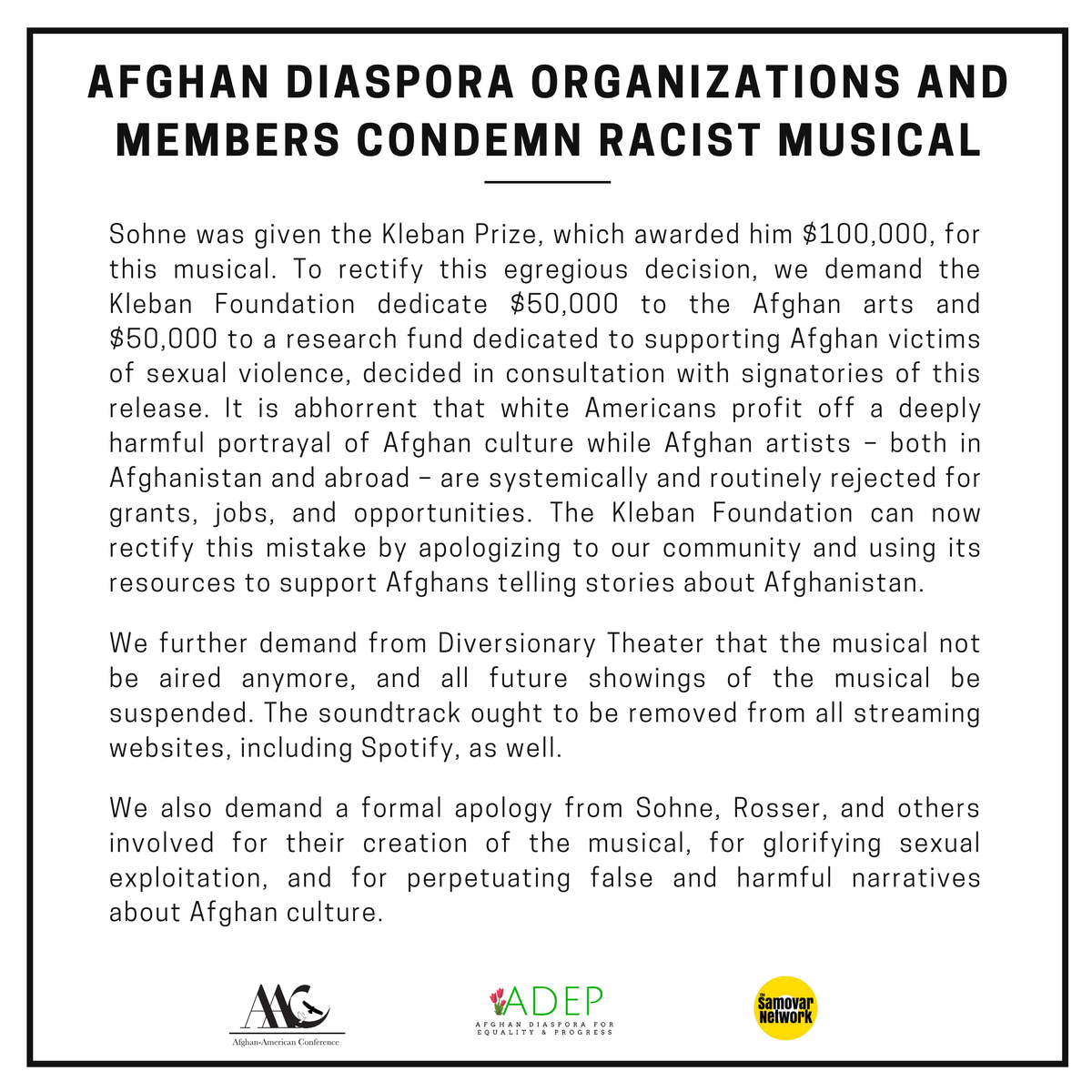 AfgDiasporaEP's tweet photo. We have come together with @SamovarNetwork and the @AfghanAmericanC to release the following statement in regards to the musical titled “The Boy Who Danced on Air.” Read our statement in full: https://t.co/zu8EGzX88a https://t.co/JE07lHOG2L