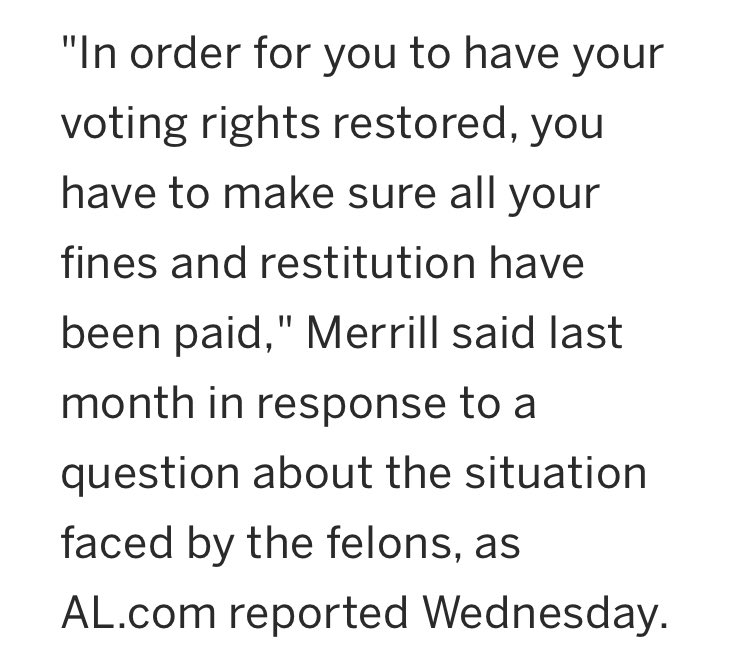 That was a reversal from what Secretary of State John Merrill said a month prior (earlier statement in below image.) But it cleared the way for people like Williams to get their voting rights back without hitting the lottery 13/
