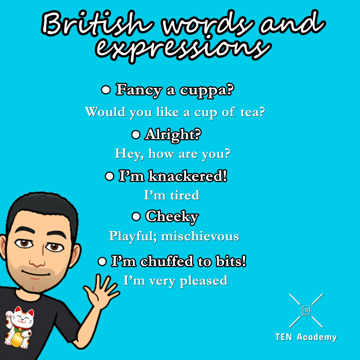 ¿Conocías estas expresiones británicas? 🤔
¡Cuéntanos tu experiencia! 😆
¿Las has usado alguna vez? 🙆
¿Las has escuchado alguna vez? 👂
¡Esperamos tu respuesta! 😄

#tenacademy #expression #british #uk #ielts #onlinelessons #englishclasses