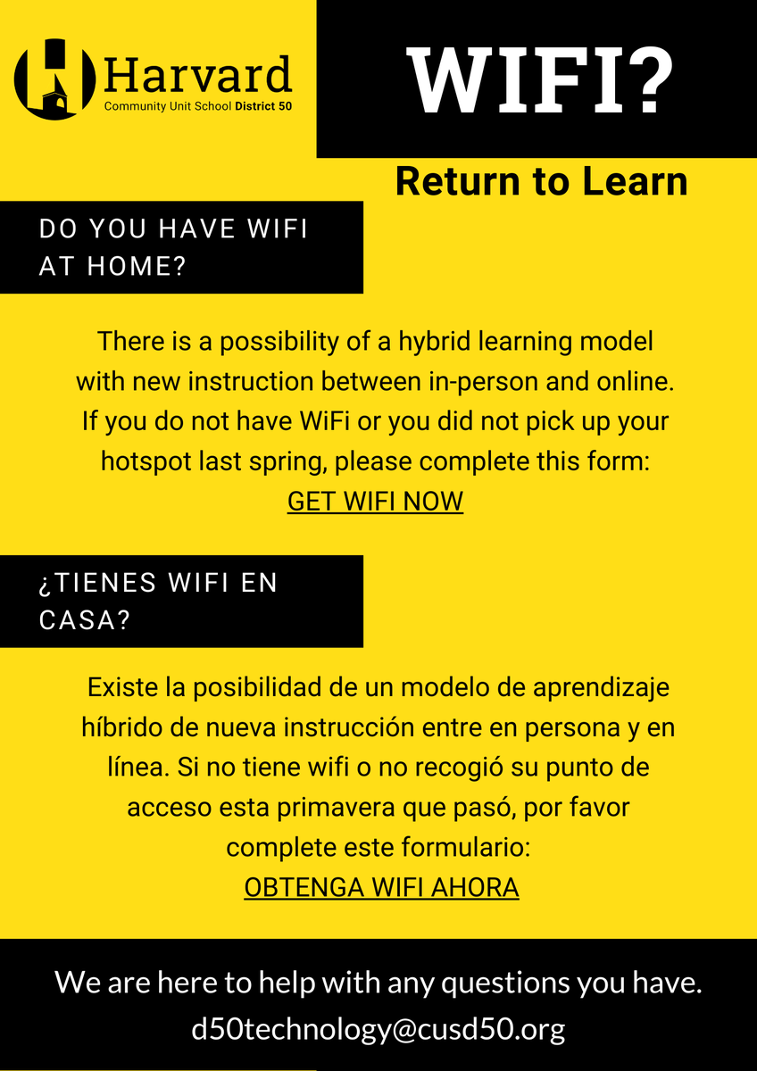 Wifi? 
It is extremely important that all students have access to internet at home. If you do not, please sign up below. 

¿Wifi?
Es extremadamente importante que todos los estudiantes tengan acceso a internet en casa. Si no lo hace, regístrese aquí: docs.google.com/forms/d/e/1FAI…