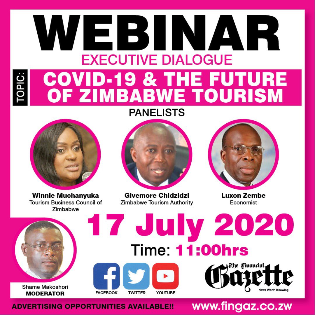 visitwezhira's tweet photo. Join the Zimbabwe Tourism Authority Acting Chief Executive Givemore Chidzidzi, TBCZ President Winnie Muchanyuka &amp; Economist Luxon Zembe on the Financial Gazette Executive Dialogue Webinar on COVID-19 &amp; THE FUTURE OF ZIMBABWE'S TOURISM SECTOR on Friday 17 July 2020 @1100hrs CAT. https://t.co/7fZ9bIfkd7