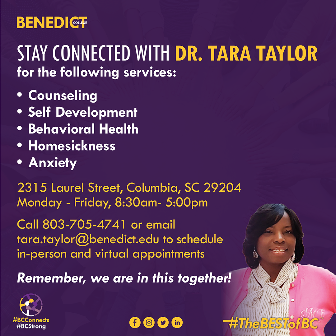 BenedictEDU's tweet photo. BC Tigers, remember we are all in this together! Stay connected with Dr. Tara Taylor for your counseling needs during this pandemic. #BCConnects #BCStrong https://t.co/rge3XxUWrW