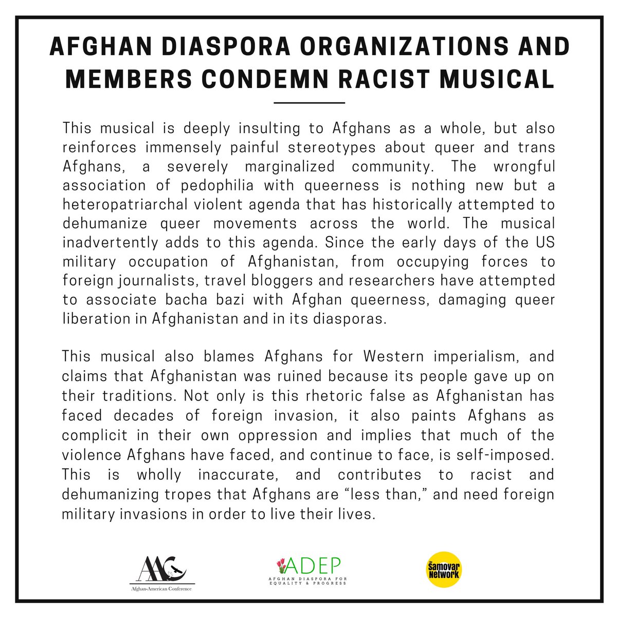 SamovarNetwork's tweet photo. We have come together with @AfgDiasporaEP and the @AfghanAmericanC to release the following statement in regards to the musical titled “The Boy Who Danced on Air.” Read our statement in full: https://t.co/Ct7cskP34y https://t.co/cSD1BVaUOy