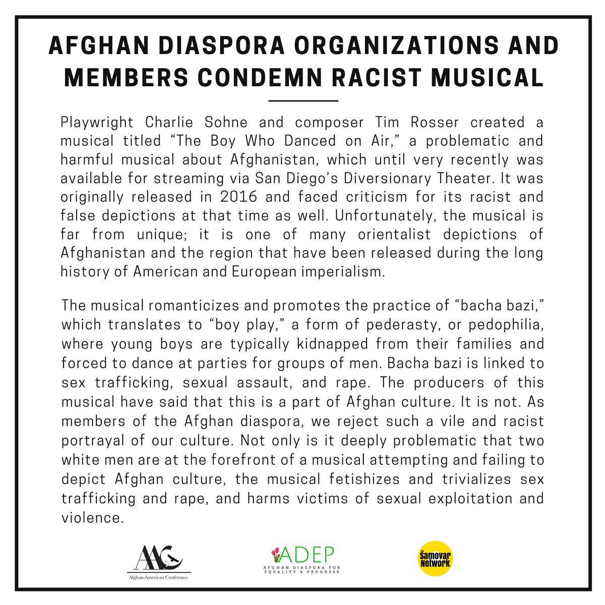 SamovarNetwork's tweet photo. We have come together with @AfgDiasporaEP and the @AfghanAmericanC to release the following statement in regards to the musical titled “The Boy Who Danced on Air.” Read our statement in full: https://t.co/Ct7cskP34y https://t.co/cSD1BVaUOy