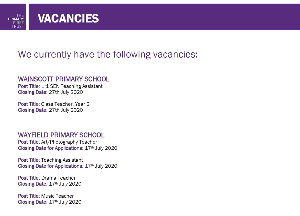 Primary1stTrust's tweet image. See our current vacancies @WainscottSchool @WayfieldPrimary 
#First4Staff 
theprimaryfirsttrust.co.uk/vacancies/