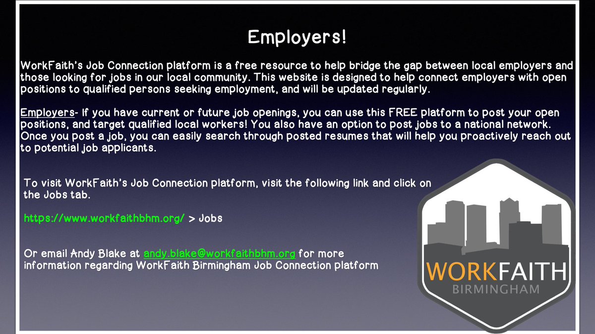 WorkFaithBHM's tweet photo. Hey all employers! Check out WorkFaith Birmingham's Job Connection platform. You can post your job openings to our website and target local qualified workers. https://t.co/Ssh2FEkPGI