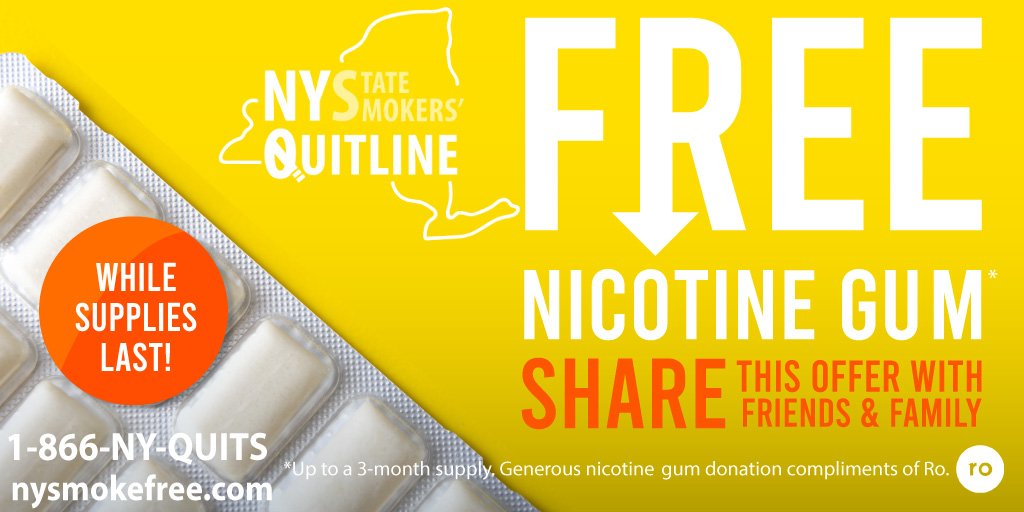 NYCSmokeFree's tweet photo. Up to a 3-month supply of nicotine gum now available! While supplies last, so share this offer with friends and family! Call 1-866-697-8487 or visit https://t.co/Lv3EjNo5UB
#quitsmoking #connect2quit #quitvaping #NYCSmokeFree #publichealth #tobacco #vaping https://t.co/Cq9vWPOhZe