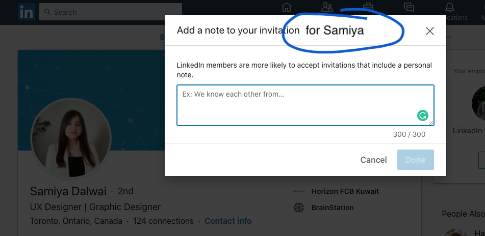 Julieth_ux's tweet photo. @LinkedIn I keep coming with the same issue every-time that I want to add a note to someone, I takes me a while to find the person's name, mostly I want to make that  I write the right spelling. So I was wondering if would be possible to add on the pop-up box. Thank you https://t.co/XuQwYxwXm1