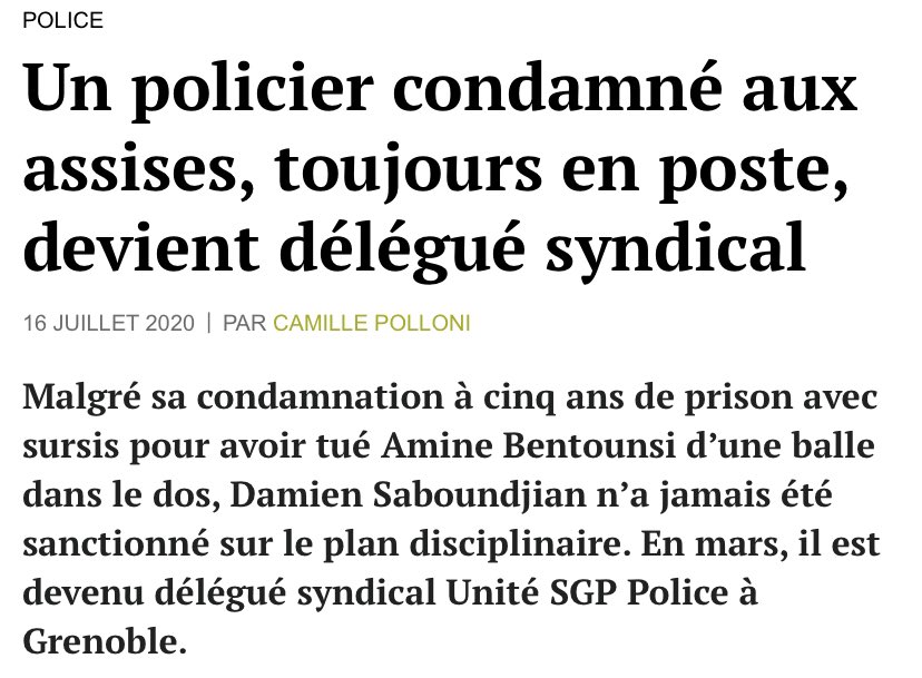 s_assbague's tweet photo. 2012 :👮‍♂️ Damien Saboundjian tue Amine Bentounsi d’une balle dans le dos.

2017 : après le combat acharné d’Amal Bentounsi, il est condamné à 5 ans de sursis &amp; 5 ans d’interdiction de port d’arme

2020 : toujours policier, il est désormais délégué syndical SGP Police.

L’impunité. https://t.co/HAnBvwt3Rp