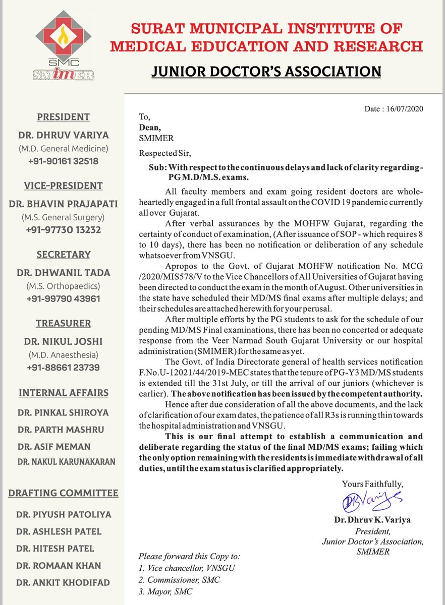 Requested SMIMER administration as well <a href="/VNSGUNIVERSITY/">Veer Narmad South Gujarat University</a> for clarity regarding Postgraduate MD/MS examination, as almost all Universities of Gujarat has already declared exam schedule except <a href="/VNSGUNIVERSITY/">Veer Narmad South Gujarat University</a> . Needs Schedule within 2 days or we'll withdrawing our duties <a href="/NITIAayog/">NITI Aayog</a>