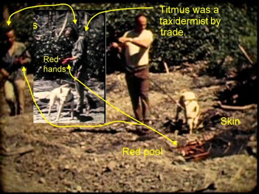 According to Davis -- supposedly, the PGF and film taken afterwards at the site revealed how Patterson and Gimlin had discovered a whole  #Bigfoot family and slaughtered them, leaving bloody pools, patches of skin and so on…