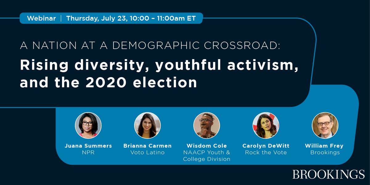 BrookingsMetro's tweet photo. Tune in on July 23 as we discuss the nation’s evolving demographic make-up, the growing activism of the country’s diverse younger generations, and what it means for the 2020 election. Register today: https://t.co/yJyTxBwNXW #DiversityExplosion https://t.co/9JBVMBsKLD