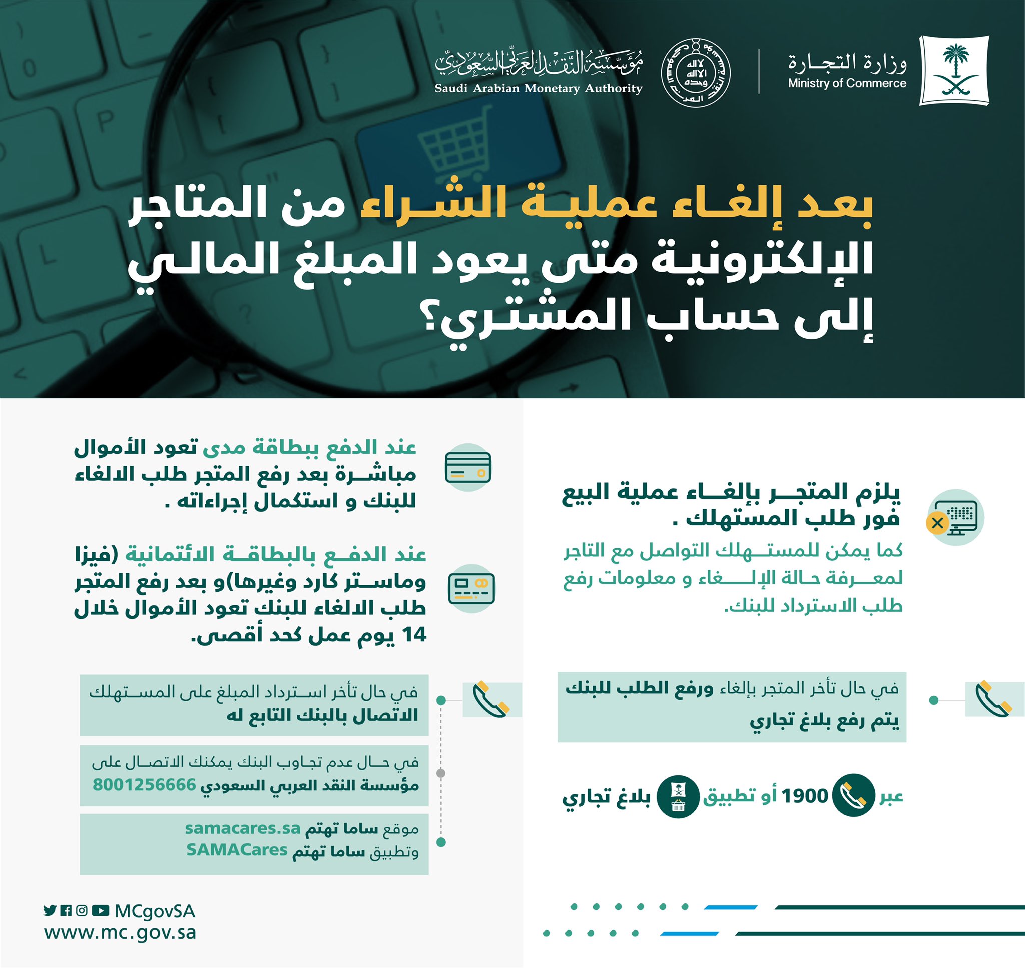 وزارة التجارة A Twitter بعد إلغاء عملية الشراء من المتاجر الإلكترونية متى يعود المبلغ المالي إلى حساب المشتري