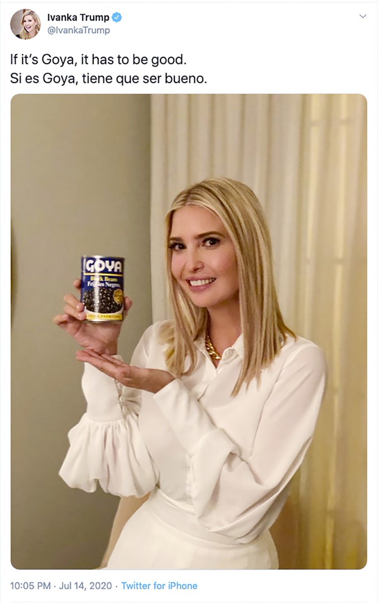 Ivanka Trump, followed by her father, President Trump both have since made posts in support of Goya and Unanue. Ivanka's post directly violates the Hatch act. They love to be seen as white-saviours, especially towards their base to help them feel less racist. 8/