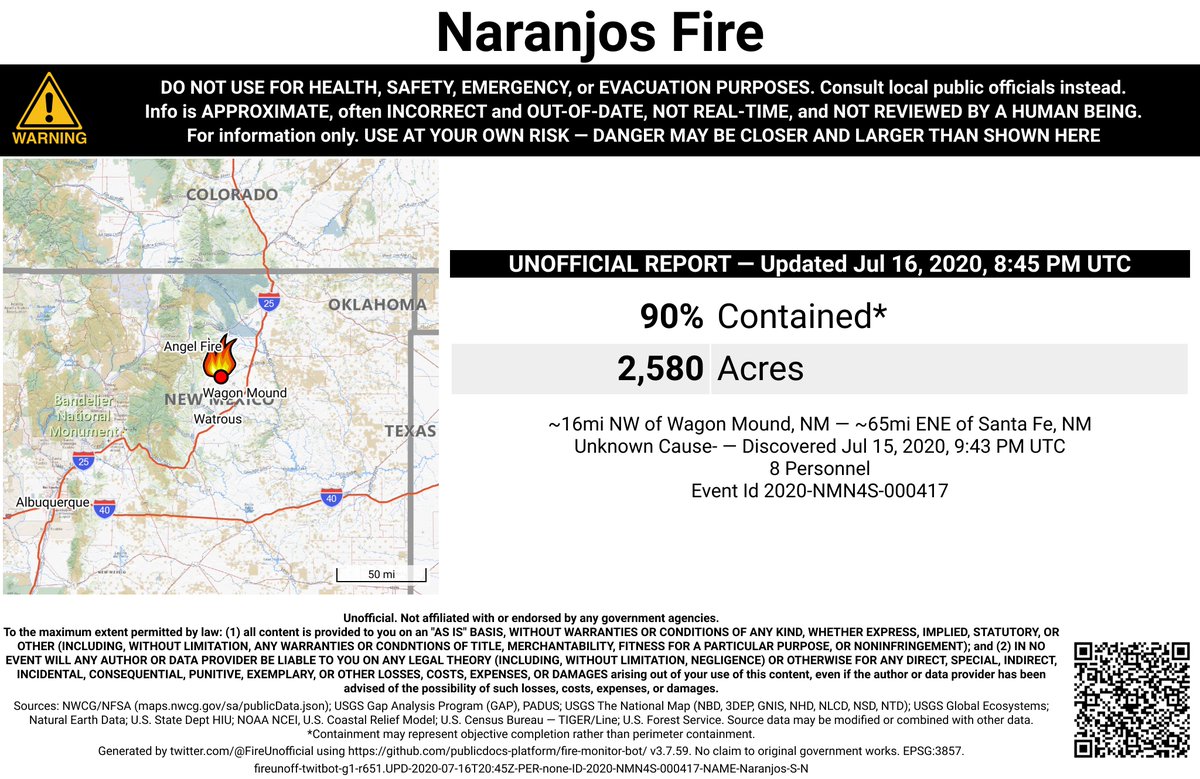 SWFireBot's tweet photo. #NaranjosFire 🔥 unofficial, automated update.
~16mi NW of Wagon Mound, NM. ⚠️ DO NOT USE FOR SAFETY PURPOSES - See officials instead. May be incorrect; disclaimers in images. https://t.co/5iWd4Ql2MQ
