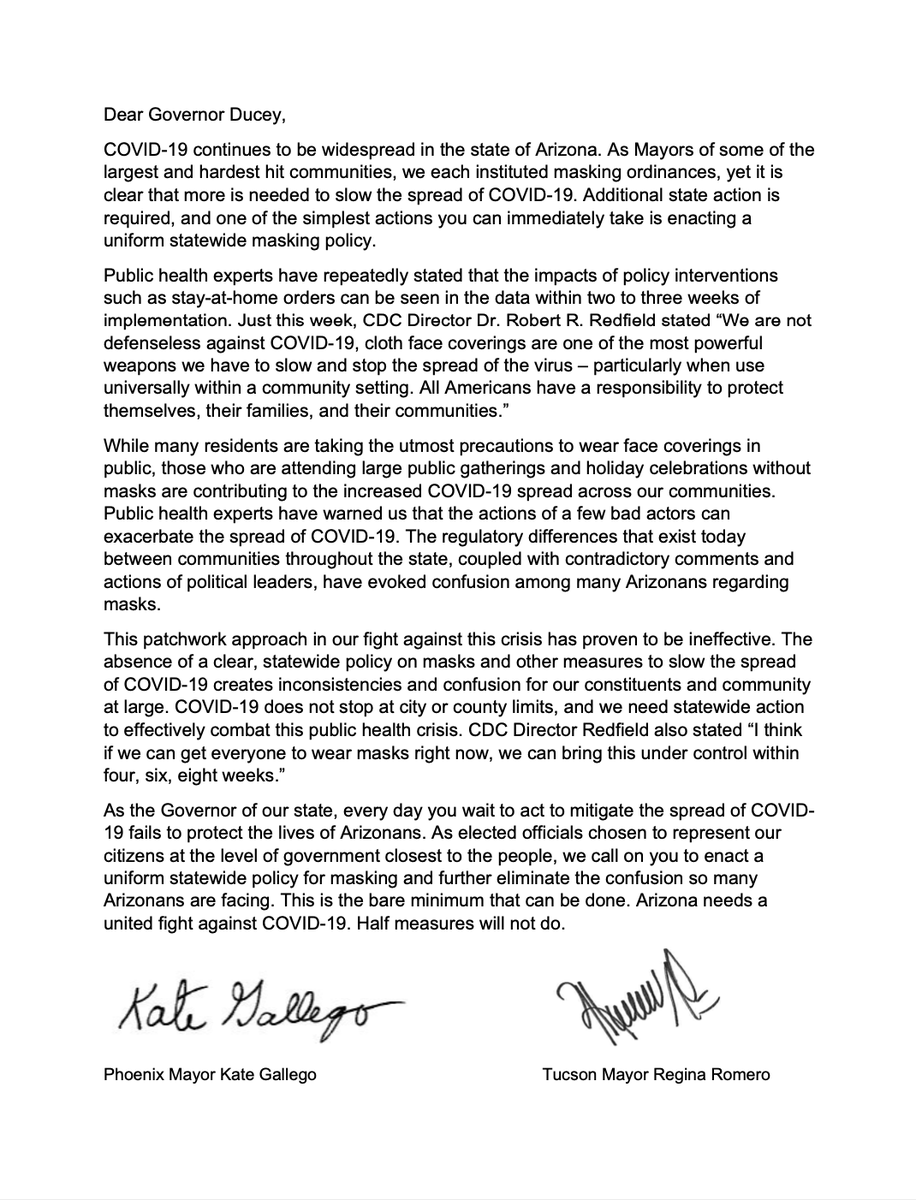 TucsonRomero's tweet photo. I am calling on Governor Ducey to enact a uniform, statewide policy for masks. 

The regulatory differences that exist today between communities throughout the state, coupled with contradictory comments and actions of political leaders, have evoked confusion regarding masks. https://t.co/SK6EpVeAxa