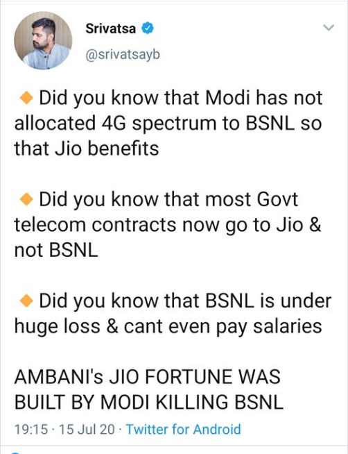 1Let me give a FACT based lesson to this  @incindia Headless Chicken on  @srivatsayb Did you know that BSNL got out of the top telecom race in Congress rule itself.Did you know that BSNL was a profit making company till 2007-08 and made first loss in 2009.