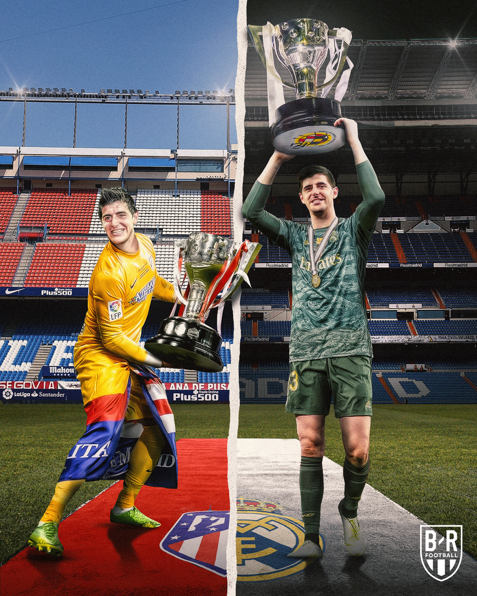 brfootball's tweet photo. Thibaut Courtois is the first player ever to win the La Liga title for both halves of Madrid 🔥🔴⚪ https://t.co/wFNjziHzPy