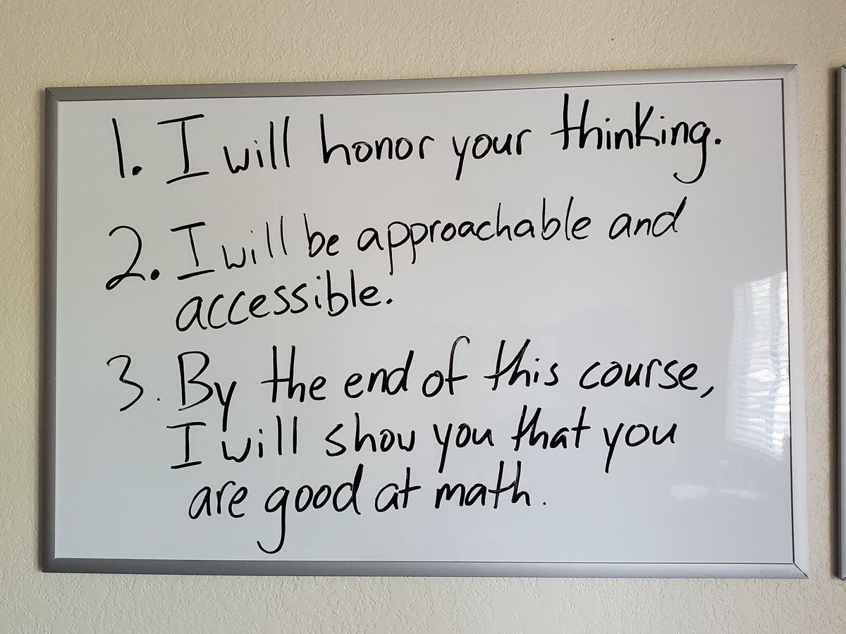 howie_hua's tweet photo. About to make my first video for the upcoming semester and it will be about the 3 promises I will make for my students:

1. I will honor your thinking.
2. I will be approachable and accessible.
3. By the end of this course, I will show you that you are good at math. https://t.co/V0n1DICWlk