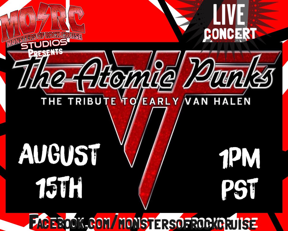 MonstersCruise's tweet photo. Just announced !! @TheAtomicPunks live on the @MonstersCruise Facebook page August 15th! 1pm pacific / 4pm eastern! https://t.co/pX0qSxkItx #VanHalen #theatomicpunks #liveconcert #monstersofrockcruise https://t.co/e5dBUXHNae