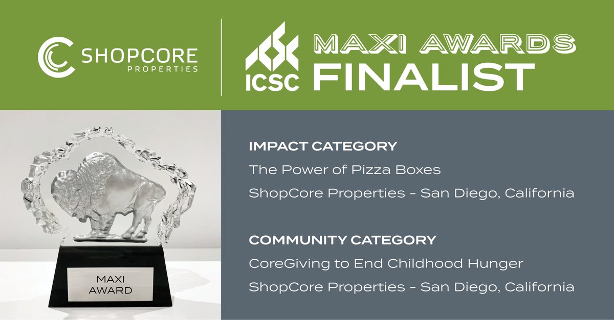 ShopCoreProp's tweet photo. We are honored to be named a finalist in the upcoming ICSC MAXI Awards. Follow this link to register for the awards ceremony on July 23! https://t.co/5ZC475dGUA

#MAXIAwards #ICSC #coregiving #pizza #tenants #community https://t.co/xDqs0023GD