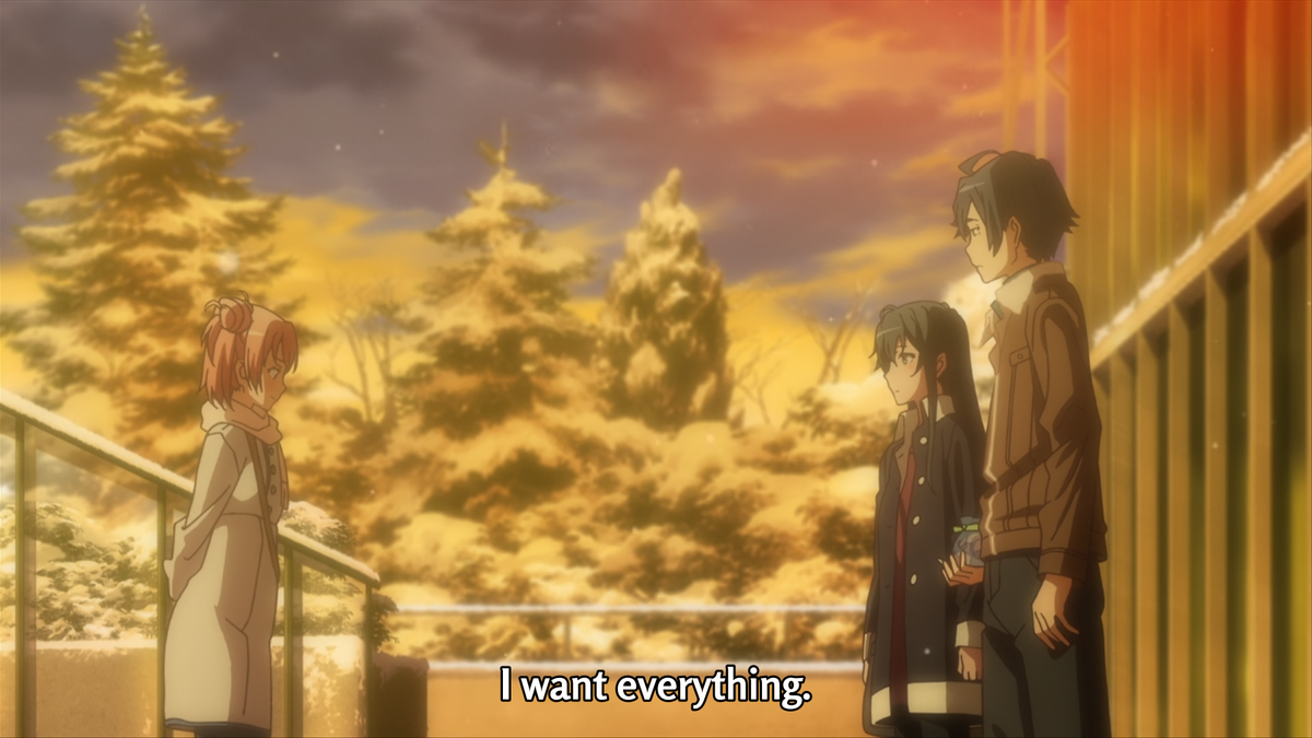 In order to explain why I love this line so much, I first have to go back to the infamous S2 finale. Personally, it was always my interpretation based on the ending scene, that Yui did value the service club's current dynamic as a group, but she also wanted to get with Hachiman.
