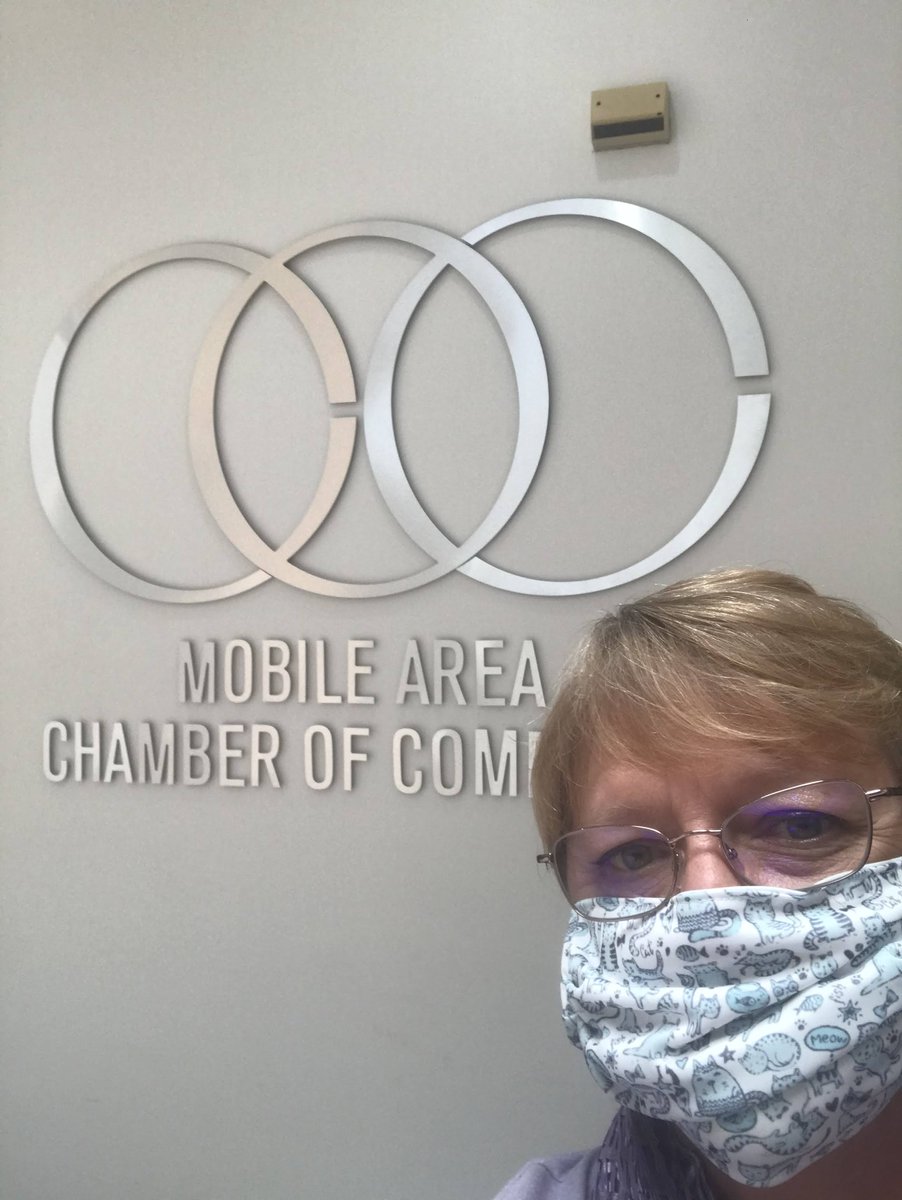 MobileChamber's tweet photo. Carolyn Golson, VP of membership for the Chamber wears a face covering. She says, "I wear a face covering because I want to protect myself and others."  Join the Mobile Area Chamber staff in wearing your mask and helping stop the spread of COVID-19. #whyIwear @ILoveMCHD https://t.co/sCpGBhAOGG