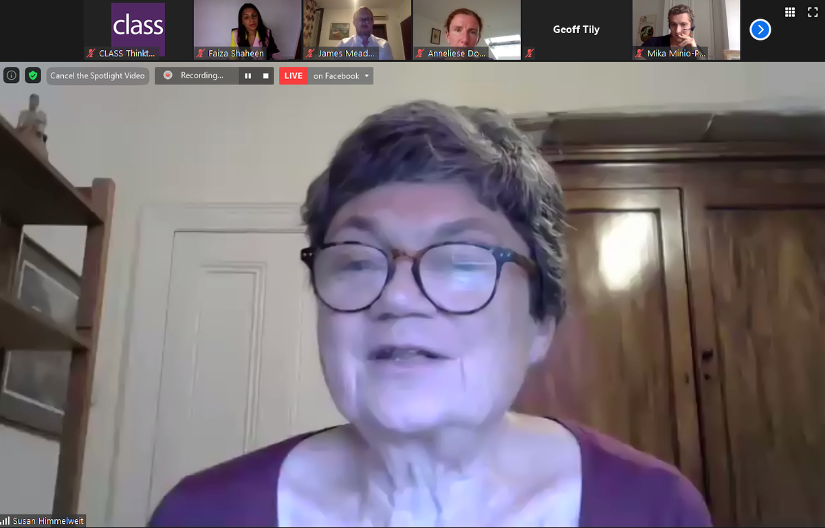 CLASSthinktank's tweet photo. Prof Sue Himmelweit of @WomensBudgetGrp: The pandemic has exposed the existing crisis in care. A care-led recovery programme will stimulate job growth 2.7 times more than construction.
LIVE NOW!
What Next #ForWorkers?
Zoom: https://t.co/3ZKeU8bLl0
FB: https://t.co/sS8mIB05mZ https://t.co/QgC8XvwtP6