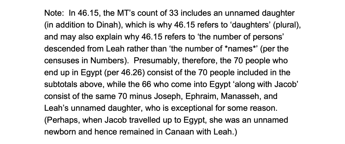 the 14 descendants of Rachel (46.19–22) (inclusive of Ephraim and Manasseh, who are born in Egypt),and the 7 descendants of Bilhah (46.23–25).