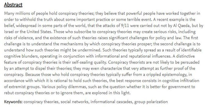 drbairdonline's tweet photo. @Comed_Science_ @velocirapture23 @qbitbee @DemocratFed Here is Cass Sunstein's 2008 "Conspiracy Theories" paper calling for an Orwellian Ministry of Truth #CognitiveInfiltration into #911Truth and other #Truth groups. #BigBrother
https://t.co/yApzjGS4rg https://t.co/UGHE4XsHDe