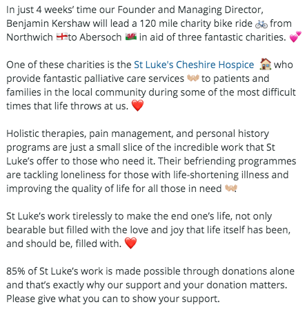4 weeks today, our Managing director &amp; his team will embark on a gruelling 120mile bike ride from Northwich to Abersoch in aid of The <a href="/StLukesHospice/">St Luke's Hospice</a>. Can you show your support for the amazing palliative care services offered to those in need? #bikeride

ow.ly/owtT50Ab9oM