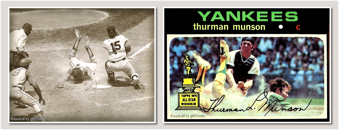 Baseball by BSmile on X: 50 Years Ago Today: #Athletics pitcher Chuck  Dobson slides into #Yankees catcher Thurman Munson at Yankee Stadium. A  photo of the play was used for Thurman's classic