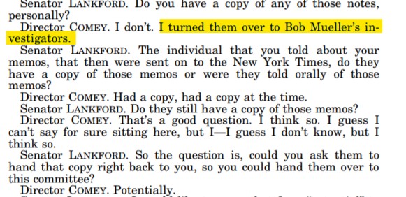 After he leaked his memos to spur the SC he handed them over to Mueller. His plausable deniability in all this, he maintained that Pres. Trump was not under investigation during his watch.