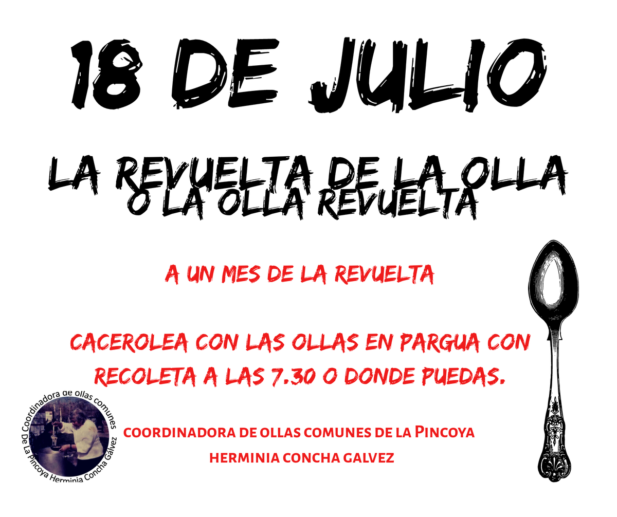 ollasherminia's tweet photo. A un mes más de la revuelta en #lapincoya la #coordinadoradeollas invita a la #revuelta de la #olla o la olla revuelta, a #Cacerolazo donde puedan.  No hacemos ollas para el #pueblo somos el pueblo haciendo ollas. #huechuraba #EstallidoSocial2  #ChileDespertó #hambre #protesta https://t.co/3p0QJppGs6
